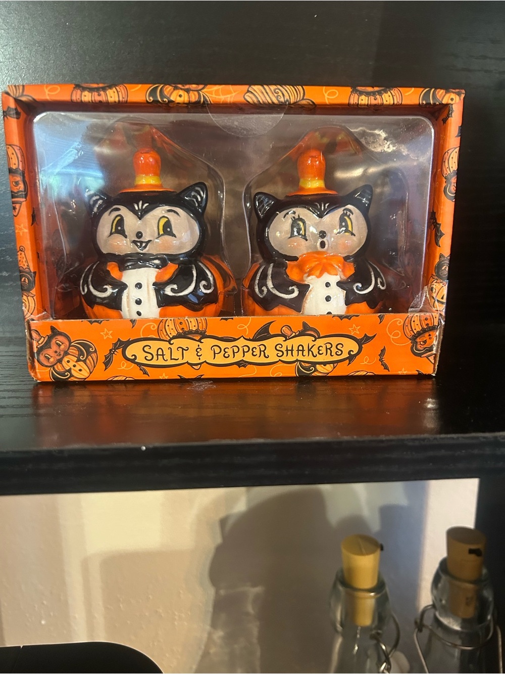 Halloween Vampire Cat Salt r& Pepper Shakers - Black, White, Orange